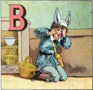 Lettre B comme bonnet d'âne. Gravure dans "Alphabet des petits écoliers". Imagerie d'Épinal, vers 1885. 